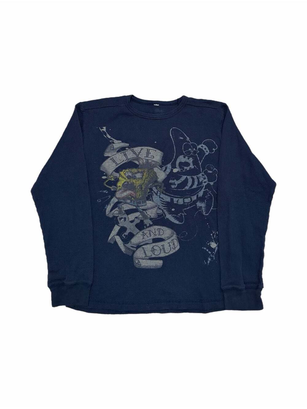 Y2K SpongeBob SquarePants Live And Loud Waffle Knit Ed Hardy Style Long Sleeve S